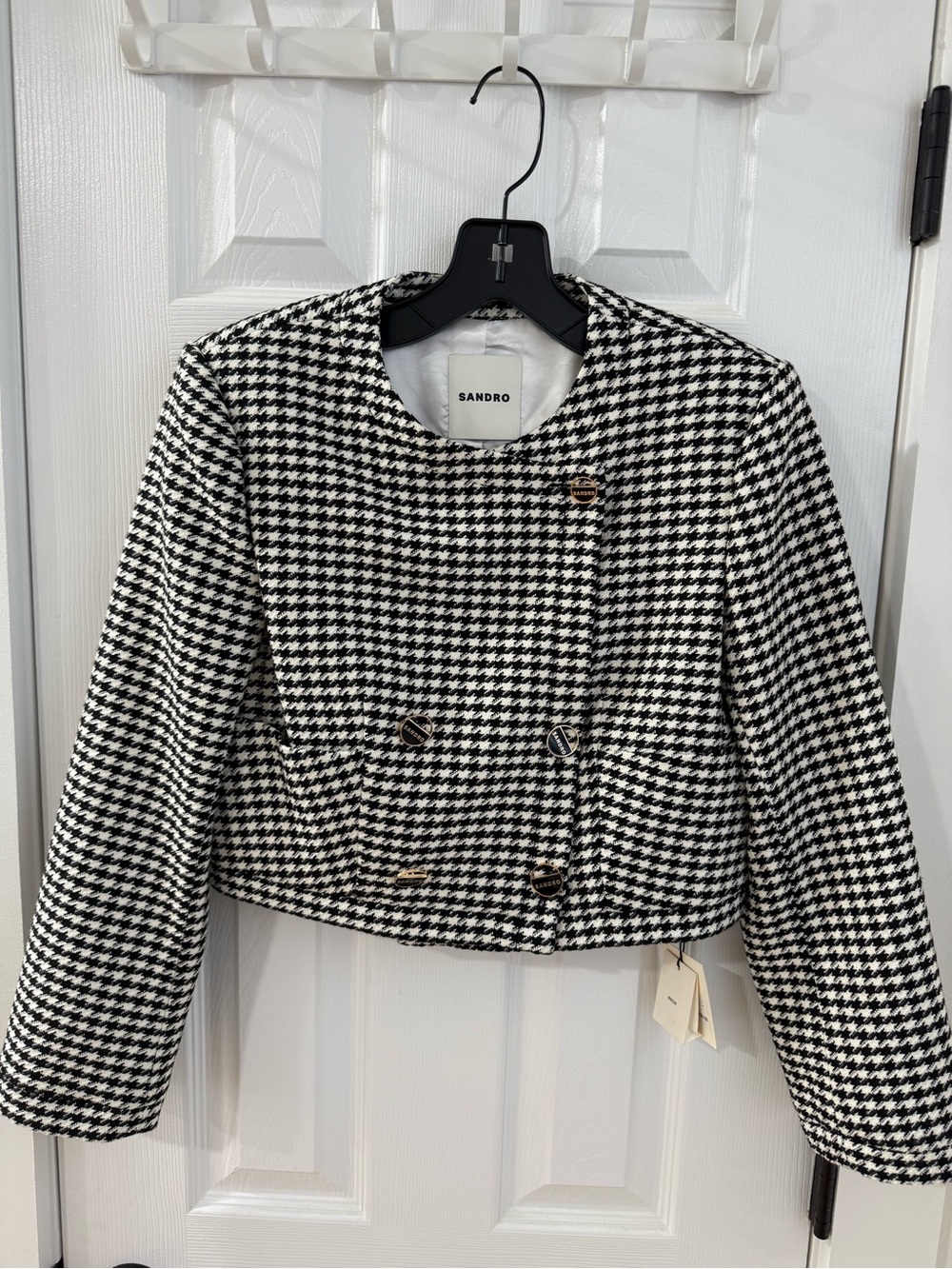 Sandro Houndstooth Cropped Jacket Black White NWT Size 34